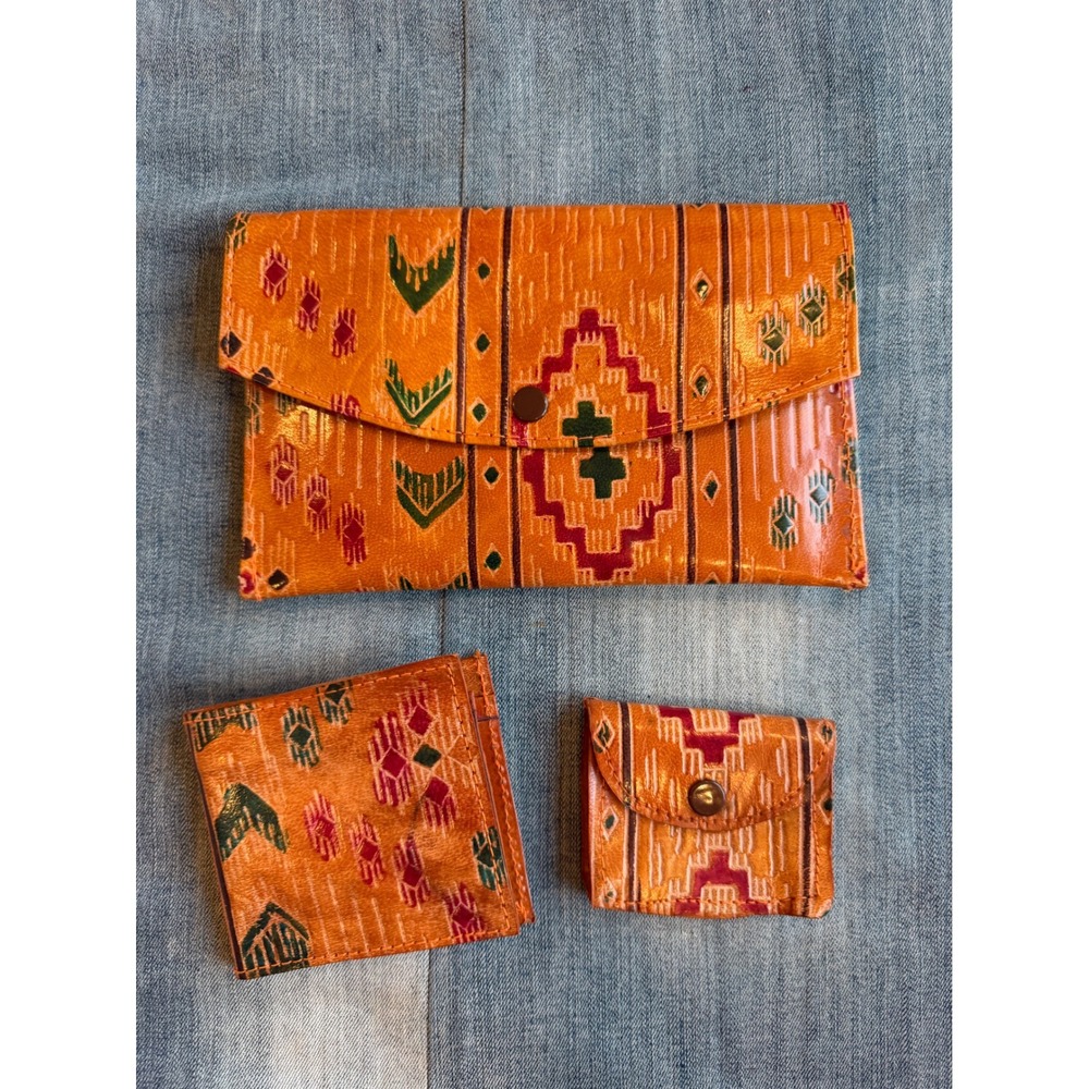 Vintage Southwestern Ikat Orange Leather 3 Piece Set Wallet Clutch Coin Purse